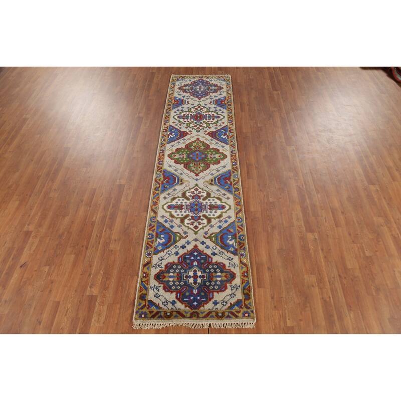 Geometric Kazak Runner Rug Hand-Knotted Wool Carpet - 2'7"x 9'11"