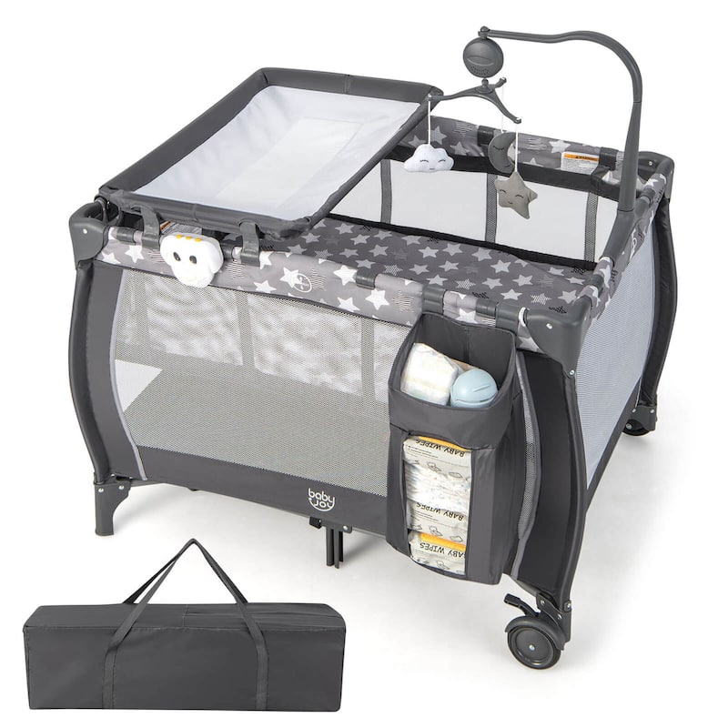 Costway Portable Baby Playard Nursery Center Crib with Hanging Toys & - See Details - Grey