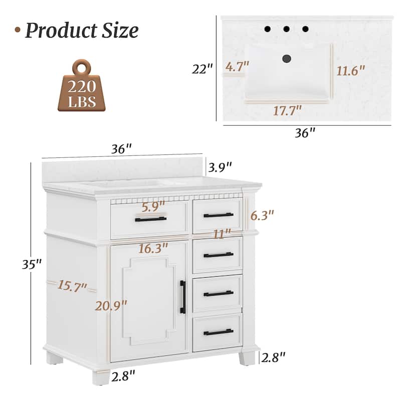 36 Inch Bathroom Vanity with Sink, Soft-Close Sliding Drawers & Cabinet, Bathroom Vanity Cabinet Set in White