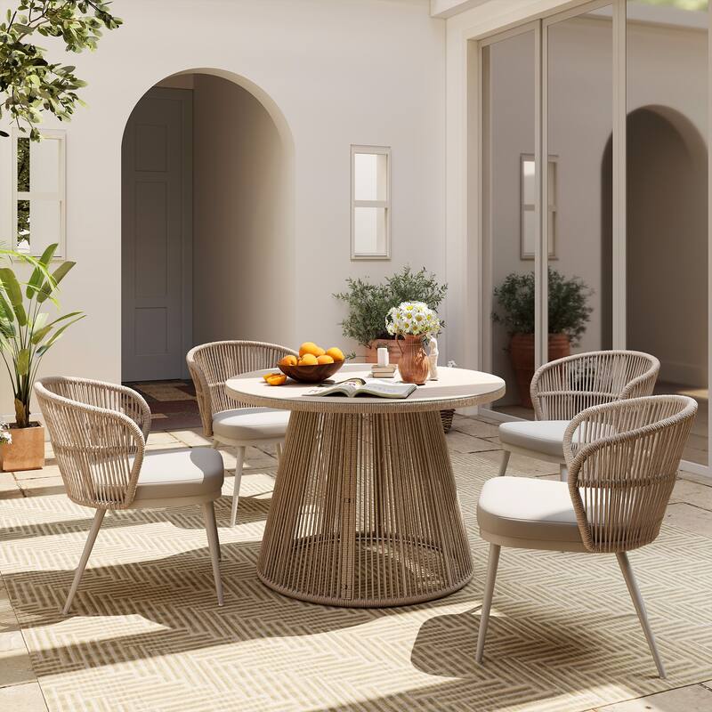 5 Pieces Outdoor PE Rattan Patio Dining Set with Round Tempered Glass Table
