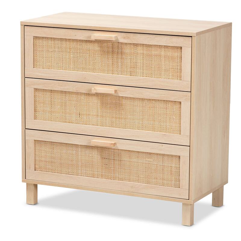 Sebille Mid-Century Modern Light Brown Finished Wood 3-Drawer Storage Cabinet with Natural Rattan - Light Brown