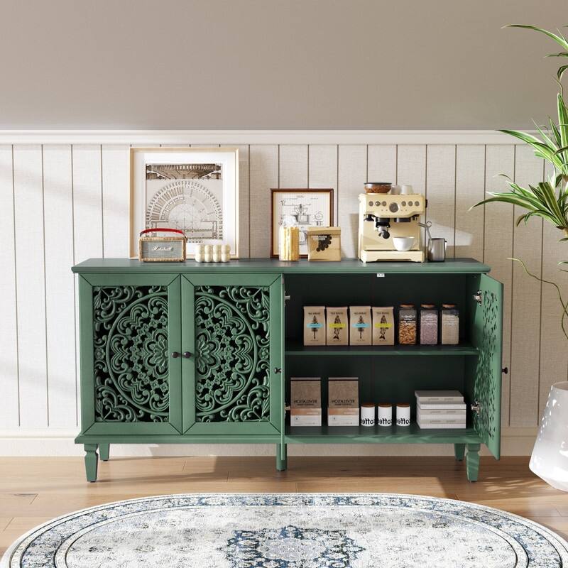 60" Antique Buffet Sideboard with Floral Carvings Solid Wood Legs and Adjustable Shelves for Versatile Storage