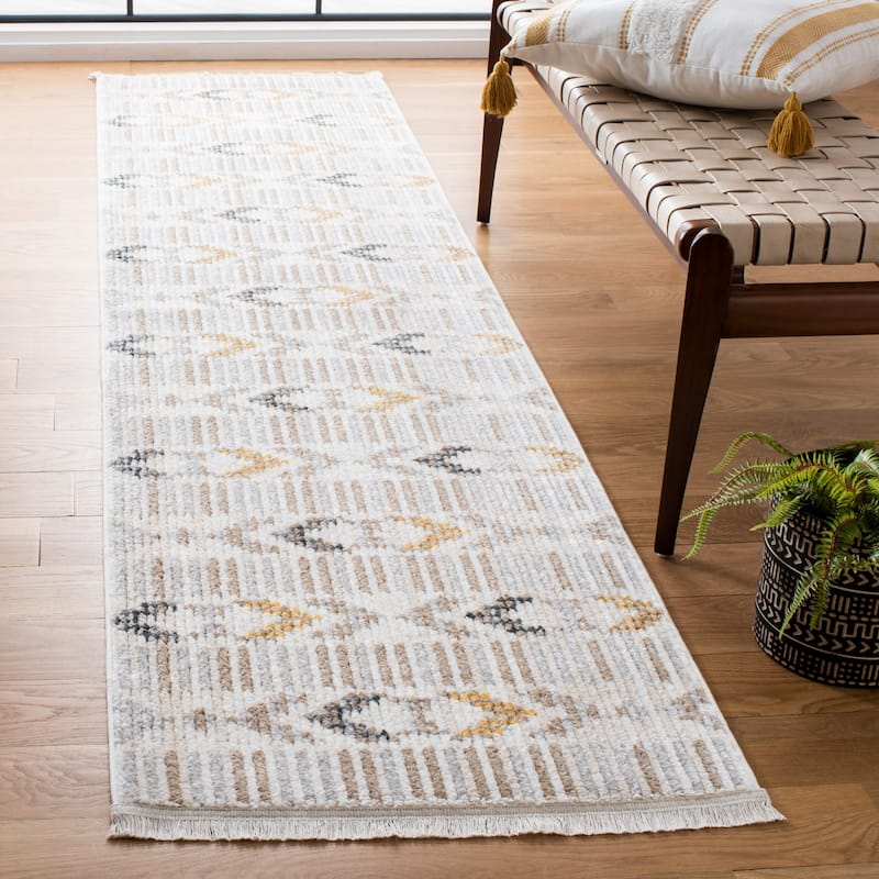 SAFAVIEH Sedona Liivia Boho Tribal Fringe Rug - 2'4" x 9' Runner - Ivory/Light Grey