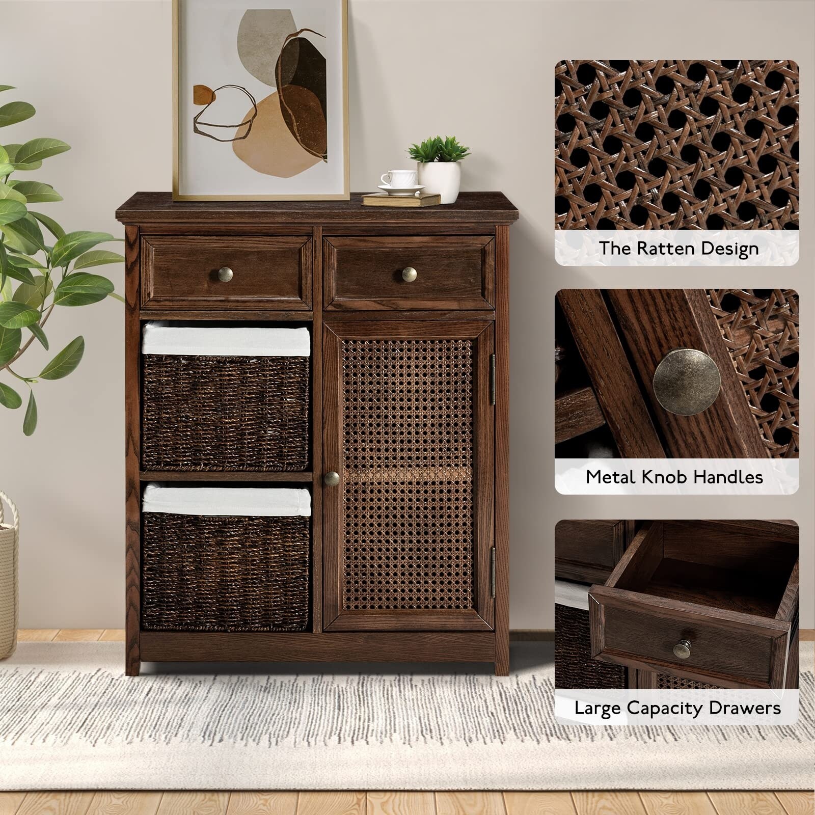 Wood Storage Accent Chest 4 Wicker Basket Drawers Taupe - Olivia & May