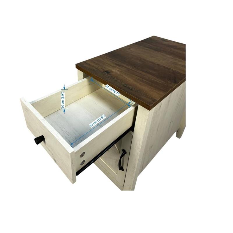 Farmhouse End Table with Charging Station,Night Stand with Barn Door and Drawer