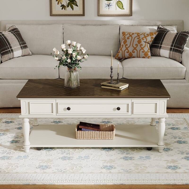 Farmhouse 47.2" Coffee Table with Drawer, Retro Design Easy Assembly and Movable Lockable Wheels for Living Room - Grey&White