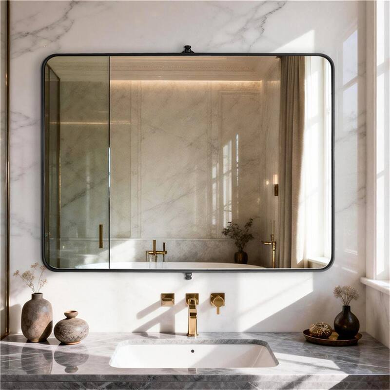 Matte Black Pivot Mirror for BathroomTilt Rounded Rectangle Vanity