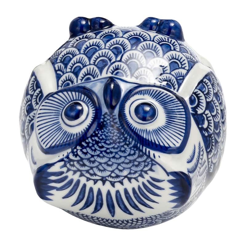 Ceramic Chinoiserie Handpainted Owl Figurine - Blue