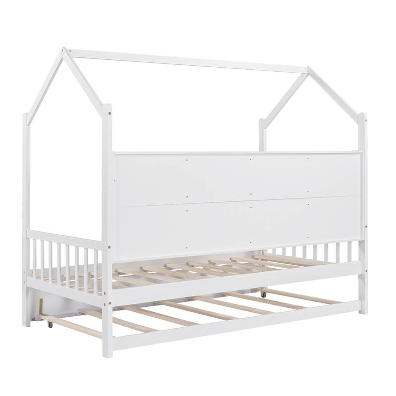 Wooden House Platform Bed Frame with Trundle Bed, Kids Playhouse Bed