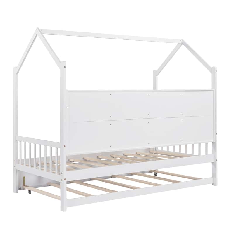 Wooden Twin Size House Bed with Trundle Kids Bed with Shelf - White