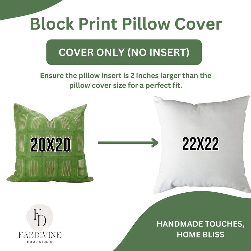 Fabdivine Block Print Cushion Cover 20x20 Inch Farmhouse Stripted Sofa Couch Chair Summer Gift Linen, Green Pillowcase, Yug