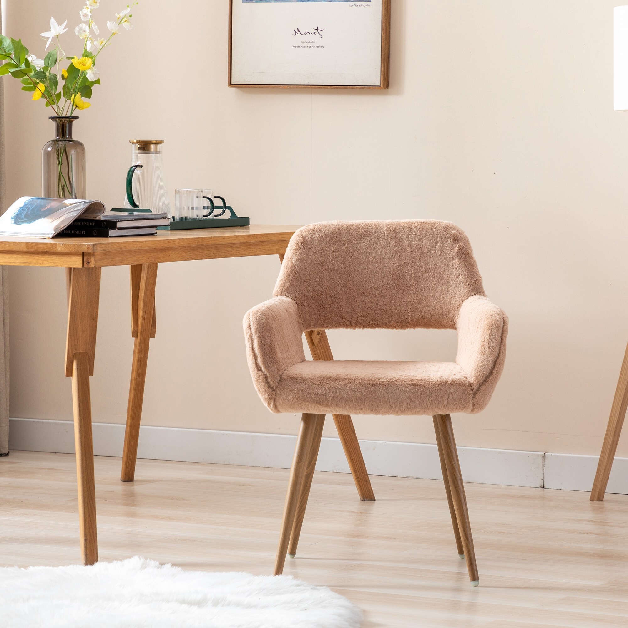 Mid Century Comfortable Dining Chairs Side Chairs with Faux Fur