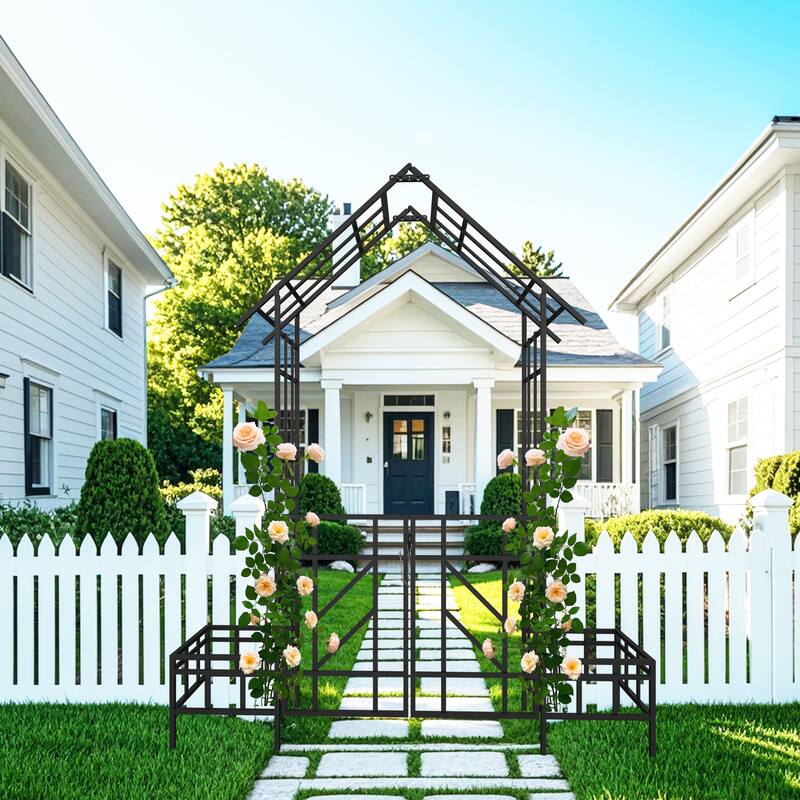 Metal Garden Arch with Gate with planter W80.71*H97.24 Climbing Plants Support Rose Arch Outdoor
