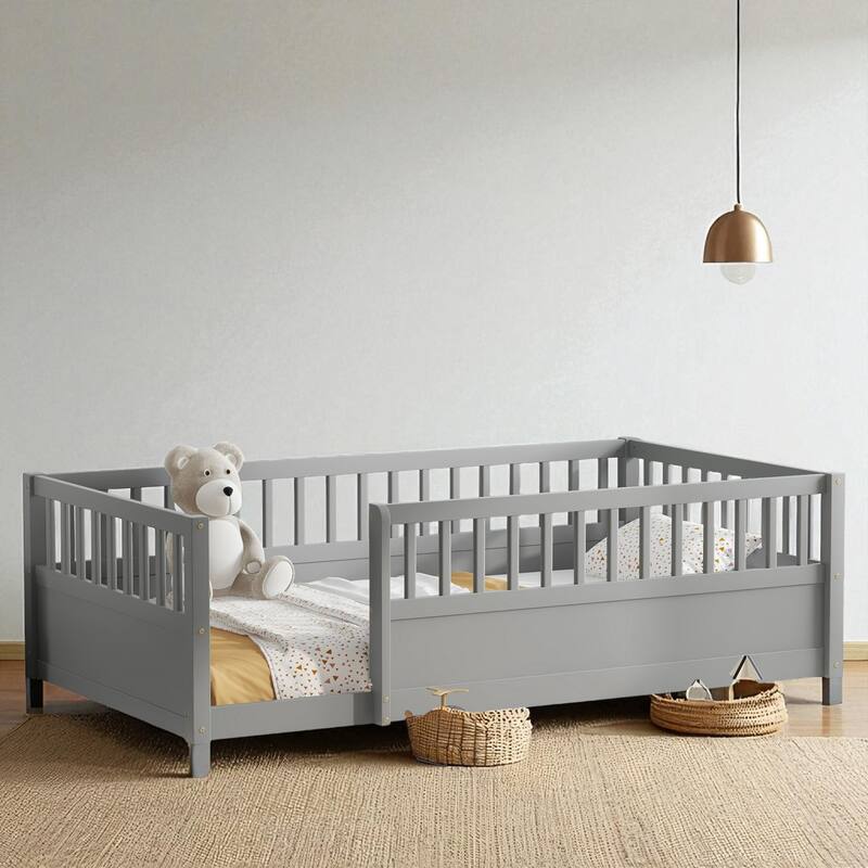 Twin/Full Montessori Floor Bed with High Fence & Open Door, Solid Pine, Playroom/Bedroom, No Box Spring