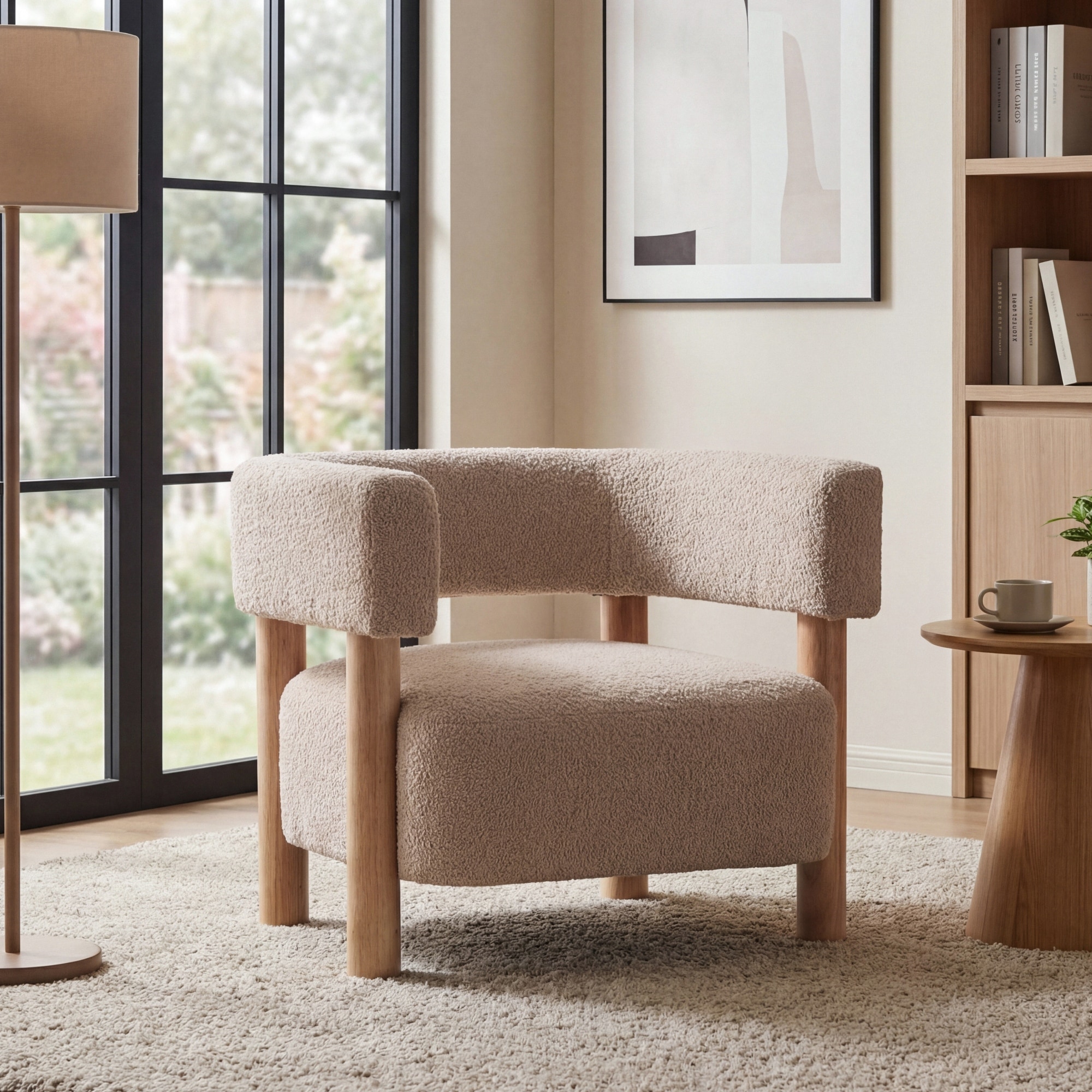 Roomfitters Modern Accent Arm Chair Upholstered Boucle Fabric Barrel Chair with Solid Natural Wood Legs, Natural Wood + Wheat