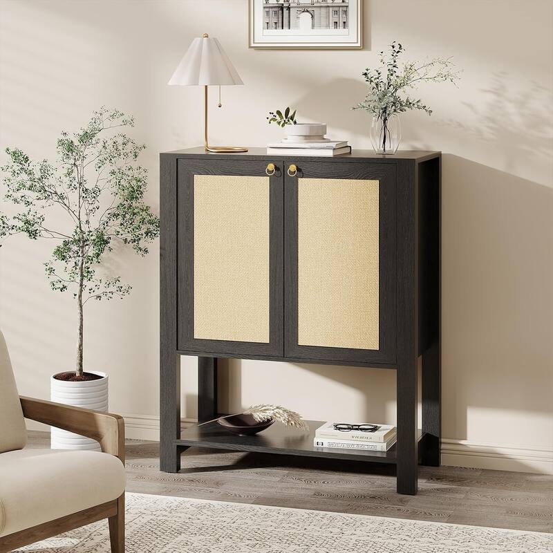 5-Tier Farmhouse Rattan Shoe Storage Cabinet for Entryway Foyer Hallway - Grey