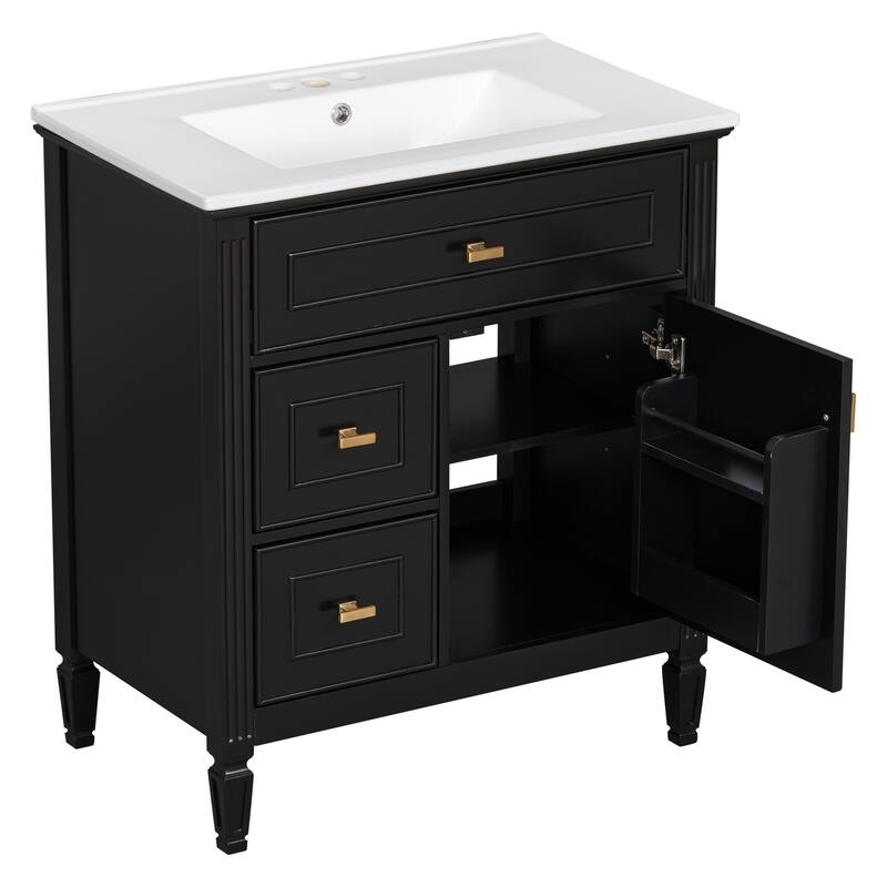 Roomfitters 30" Bathroom Vanity with Ceramic Sink, Solid Wood Frame with Flip Drawer, 2 Side Drawers & Adjustable Shelf