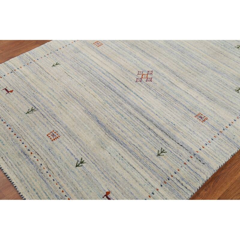 Ivory & Blue Striped Gabbeh Accent Rug Hand-Knotted Wool Carpet - 4'0"x 5'9"