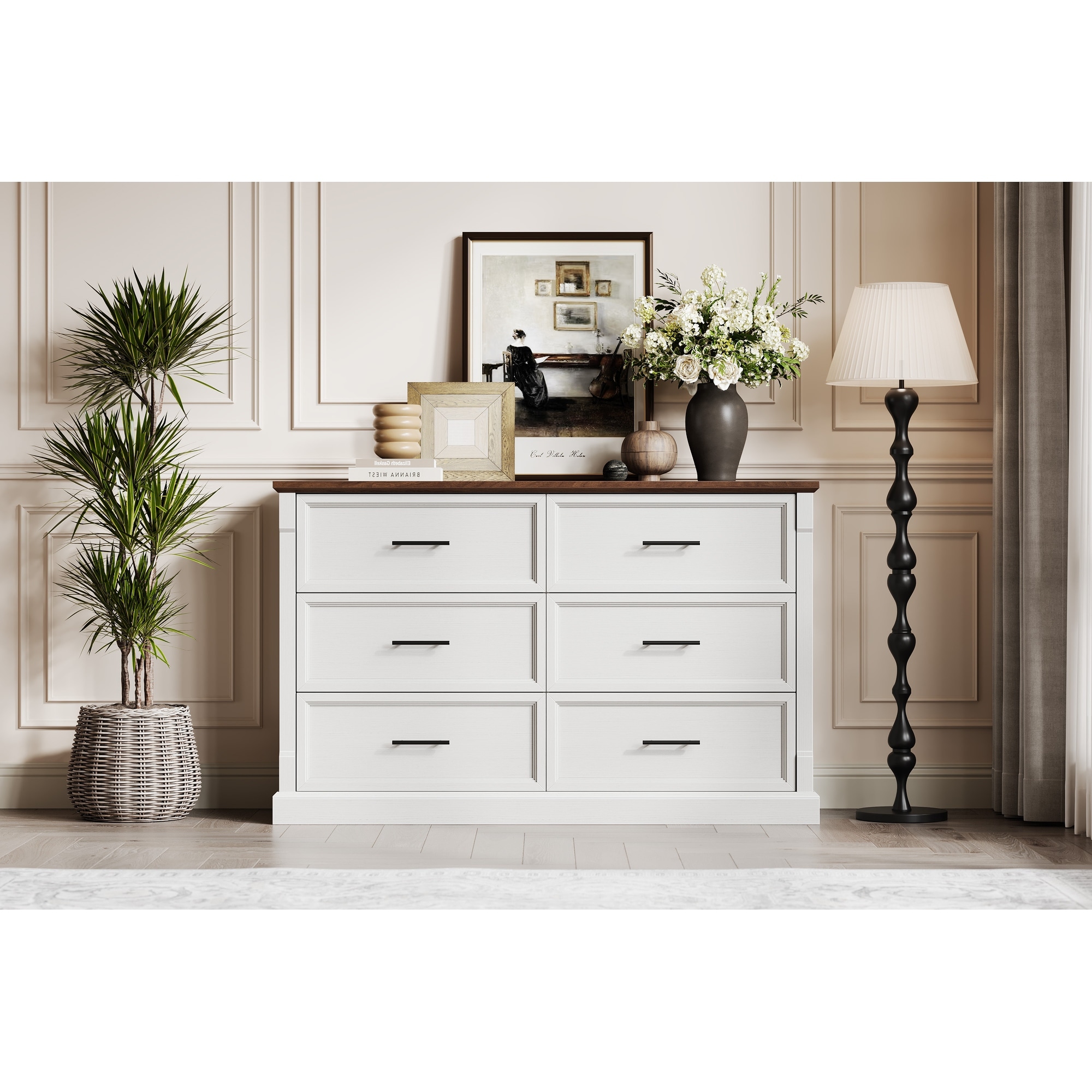 6 Drawer Dresser for Bedroom, Farmhouse 47.2" Wide Chest of Drawers with Metal Handles, Rustic Double Wood Dresser