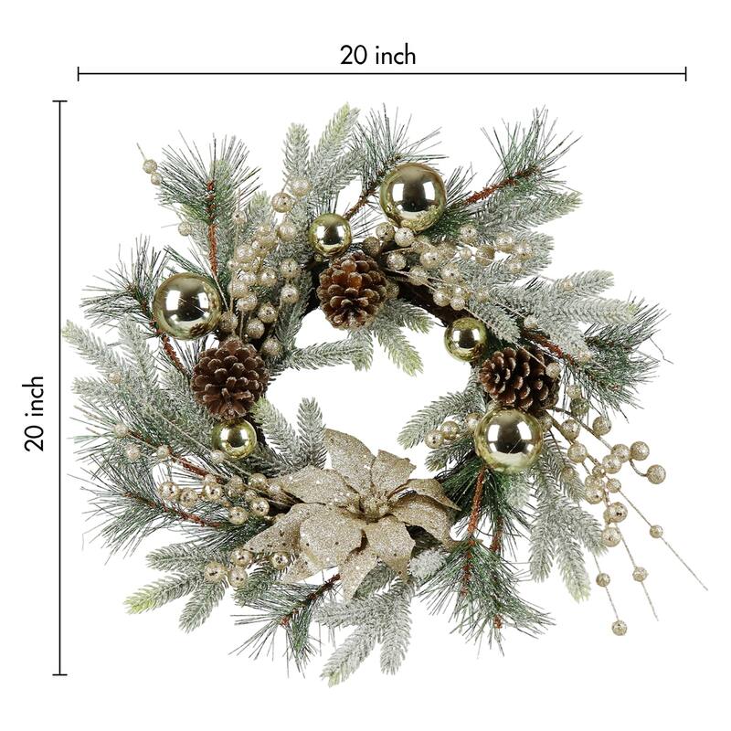 Christmas Wreath Wall Decor with Lights Balls Pine Cones Golden Berries Pine Needle and Christmas Flower for Outdoor Indoor