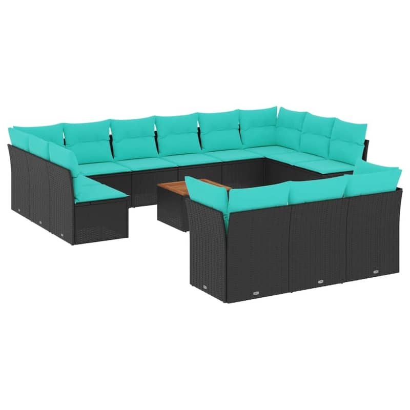 vidaXL 14 Piece Patio Sofa Set with Cushions Black Poly Rattan - 24.4 x 24.4 x 27.2