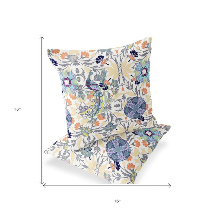 HomeRoots Set of Two 16" X 16" Yellow and White Peacock Blown Seam Eclectic Indoor Outdoor Throw Pillows