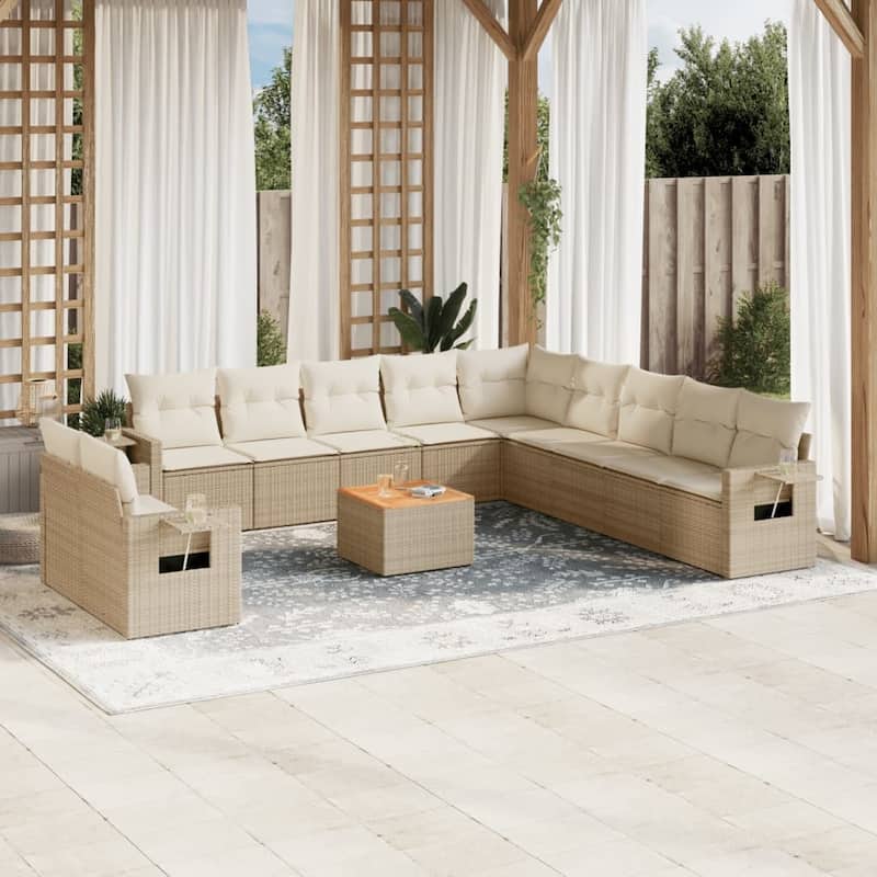 vidaXL Garden Sofa Set 12 Piece with Cushions Outdoor Sofa Set Poly Rattan - 21.7 x 21.7 x 14.6 in (W x L x H) - Beige and Cream