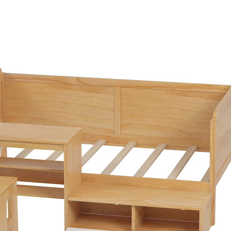 Twin Size Natural Wood Daybed with Study Desk & Storage (350lb Capacity)