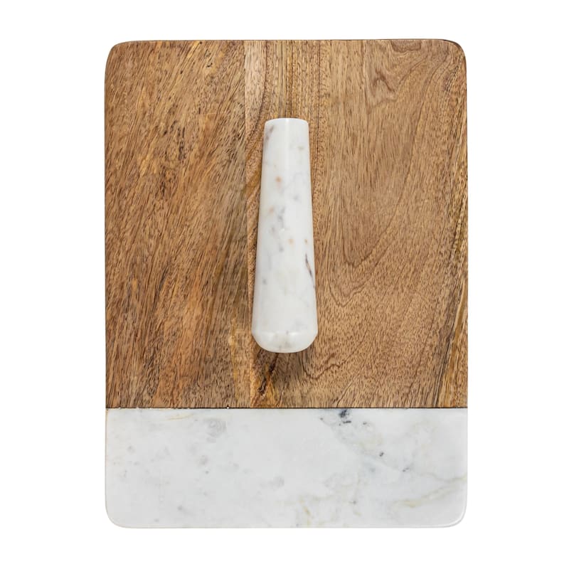 Mango Wood and Marble Cheese and Cutting Board with Pestle - 12.0"L x 9.0"W x 0.8"H