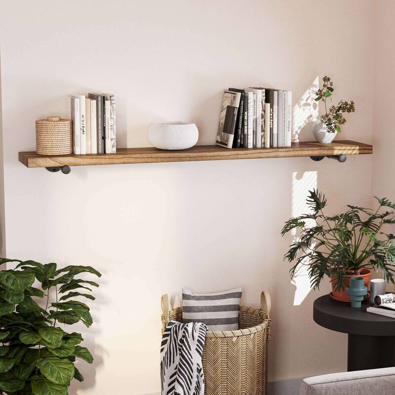 Wallniture 60 or 84 inch Long Wall Shelf, Industrial Pipe Shelving, Wooden Book Shelves for Living Room, Rustic Decor, 1 Pc