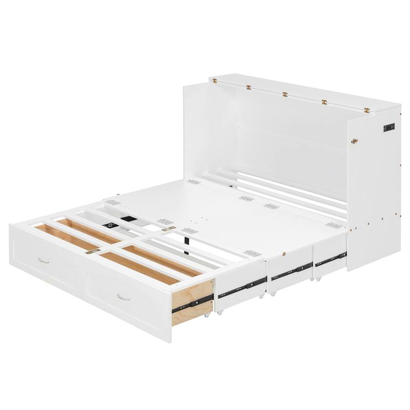 Queen Size Wall Bed with Drawers, USB Ports, and Smooth Pulley System, White