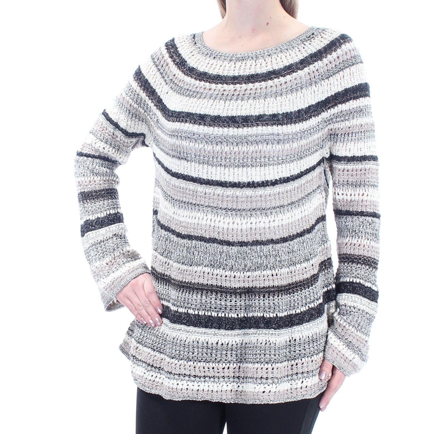 STYLE \u0026 CO Womens Black Sheer Striped Long Sleeve Jewel Neck Sweater Size M