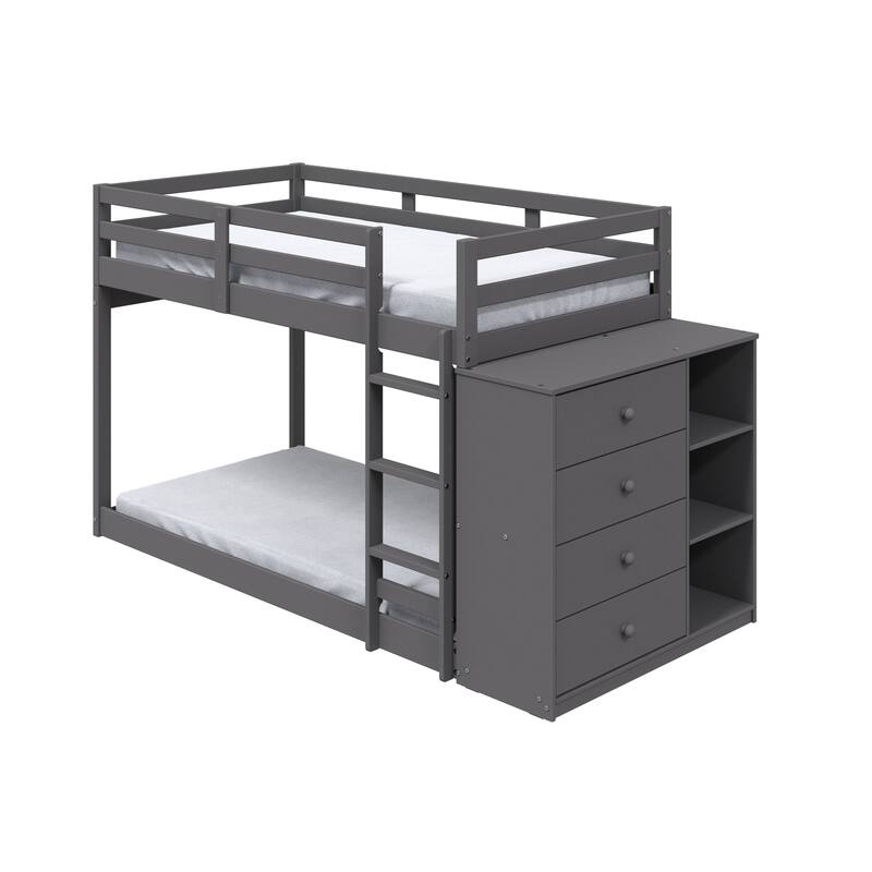 Twin over Twin Pine Frame Bunk Bed with Storage and 4 Drawers and 3 Open Compartments