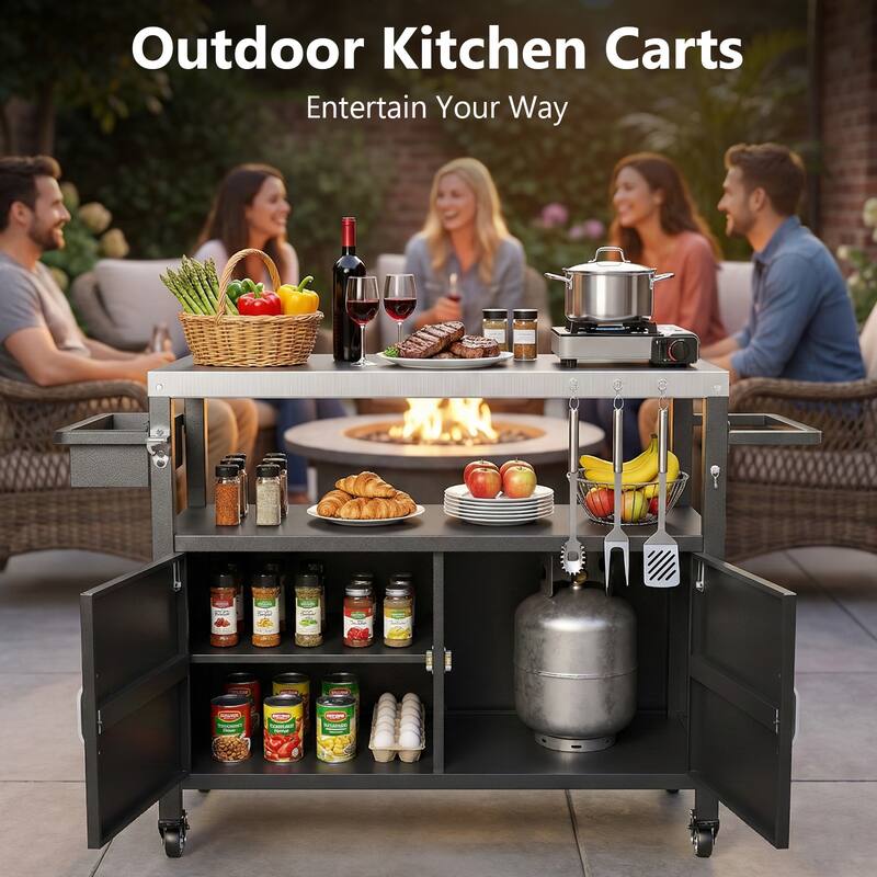 Pocassy Outdoor Grill Cart Table for Kitchen Prep and BBQ Island Table with Wheels.