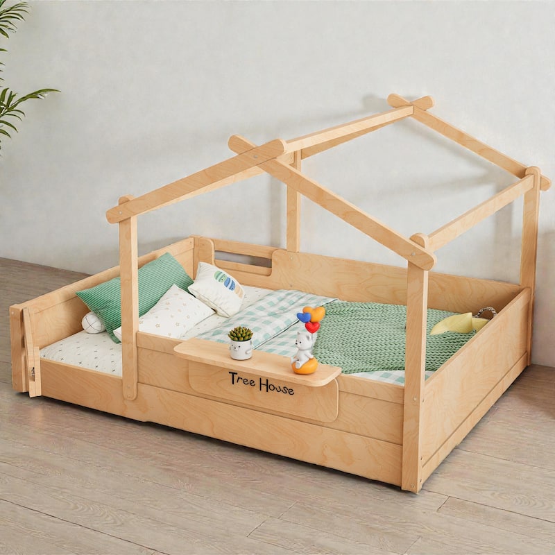 Kids House Floor Bed with Guardrails and Roof, Built-in Tray and Signboard, Montessori Floor Bed for Toddlers
