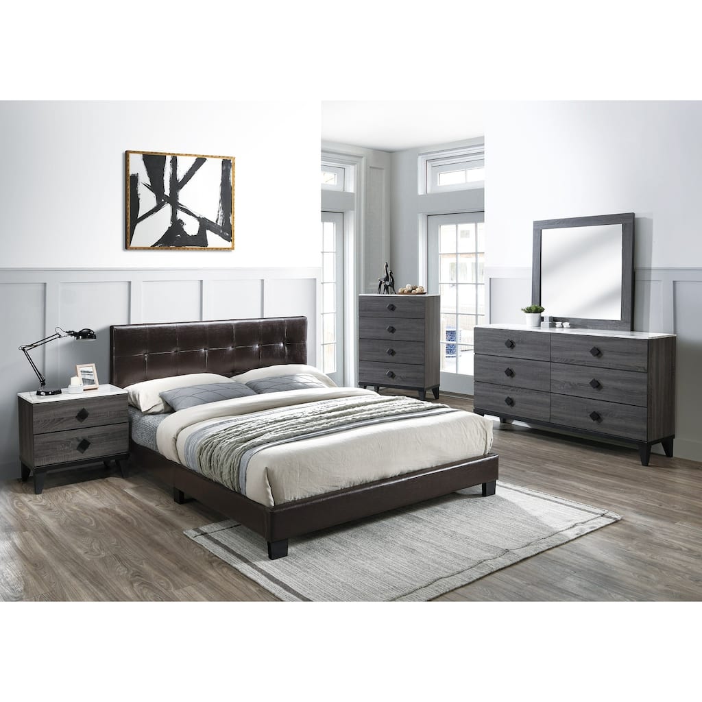 Transitional Style Bed Set Biscuit Tufting Headboard Brown Finish Tapered Legs