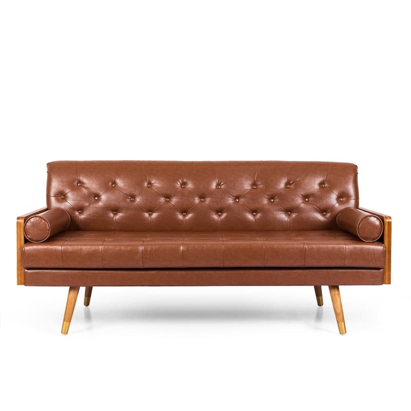 Barnard Mid-century Tufted Sofa with Accent Pillows by Christopher Knight Home - Cognac Brown+Dark Walnut+Gold