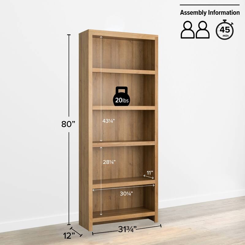 Prepac Moda 80" H 5-Tier Bookcase, Modern Storage Accent Bookshelf with 3 Adjustable Shelves for Home Office, Living Room