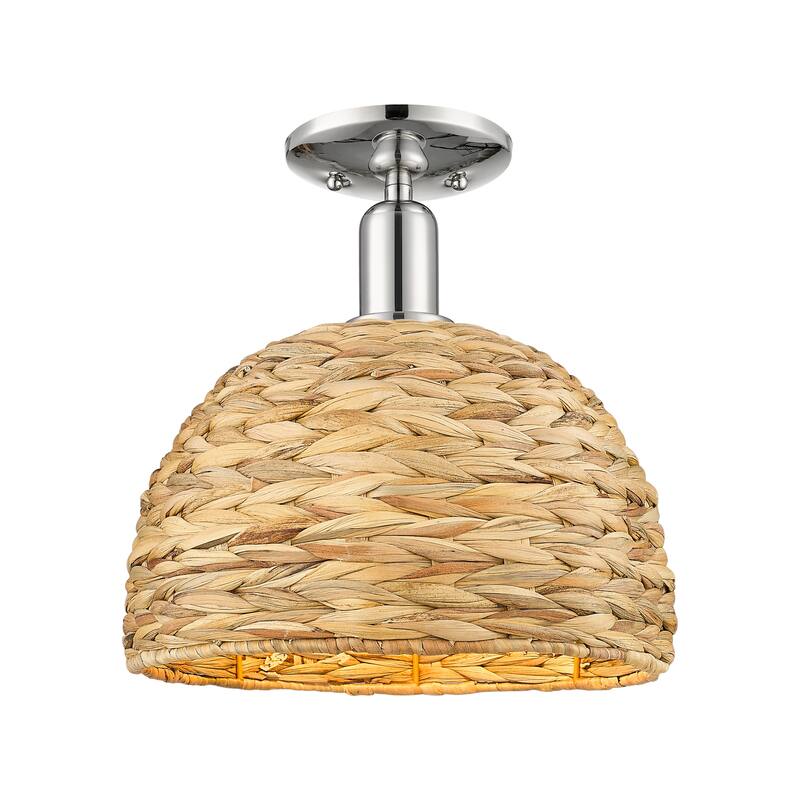 Innovations Lighting Endless Possibilities Arcadia - Woven Rattan - 1 Light 12" Semi-Flush Mount - Polished Nickel/Natural