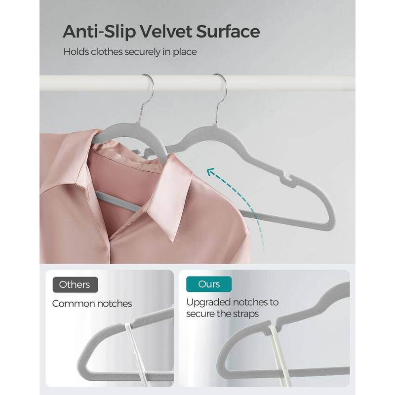 Dove Grey Velvet Slim Hangers 50 Pack with Notches Swivel Hook, Space-Saving - 16.9"W x 8.7"H