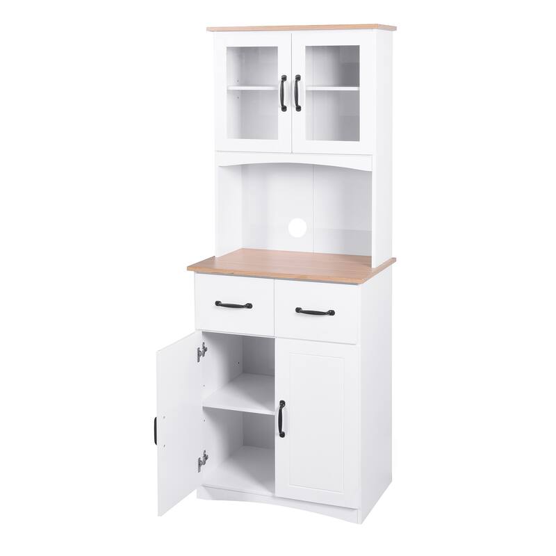 Kitchen Pantry Cabinet with Framed Glass Doors, Wooden Storage Hutch with Adjustable Shelves, Cupboard with Open Countertop