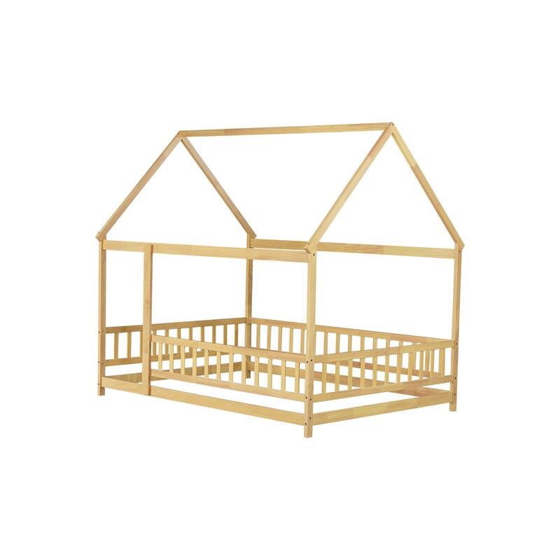 Full Size Wooden House Floor Bed with Roof Frame and Safety Guardrails, Natural Finish