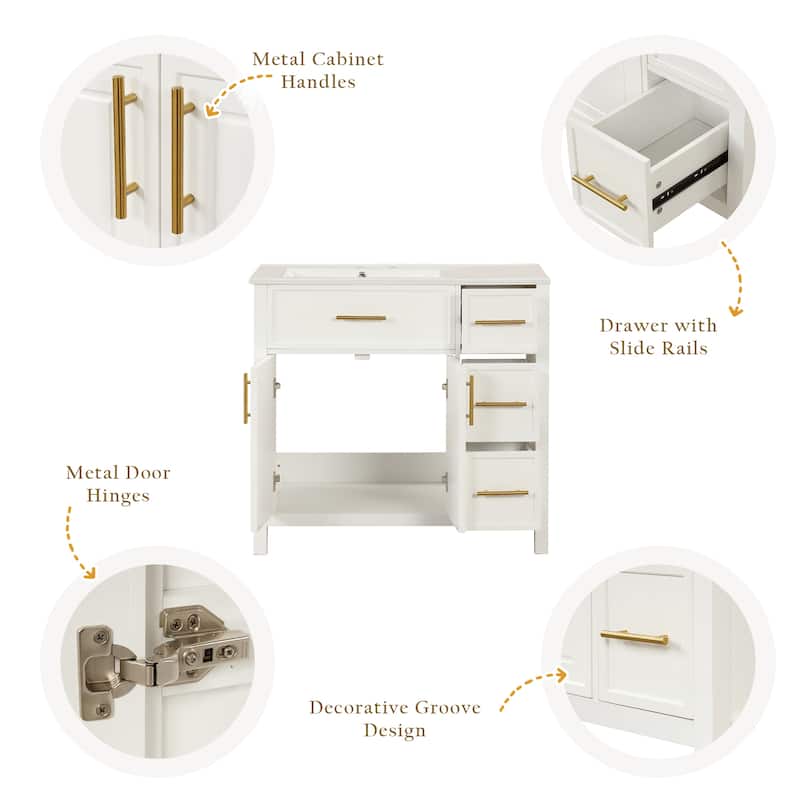 36" Bathroom Vanity with Sink Top, Bathroom Vanity Cabinet with 2 Doors and 3 Drawers, Solid Wood and MDF Board