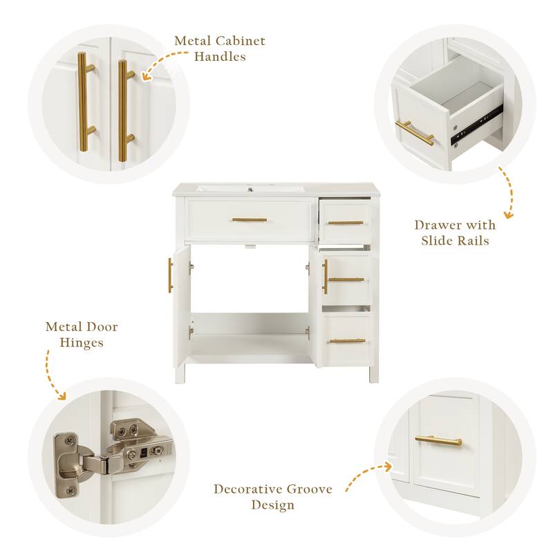 Contemporary 36" Bathroom Vanity with Sink Top,Cabinet with Two Doors and Three Drawers
