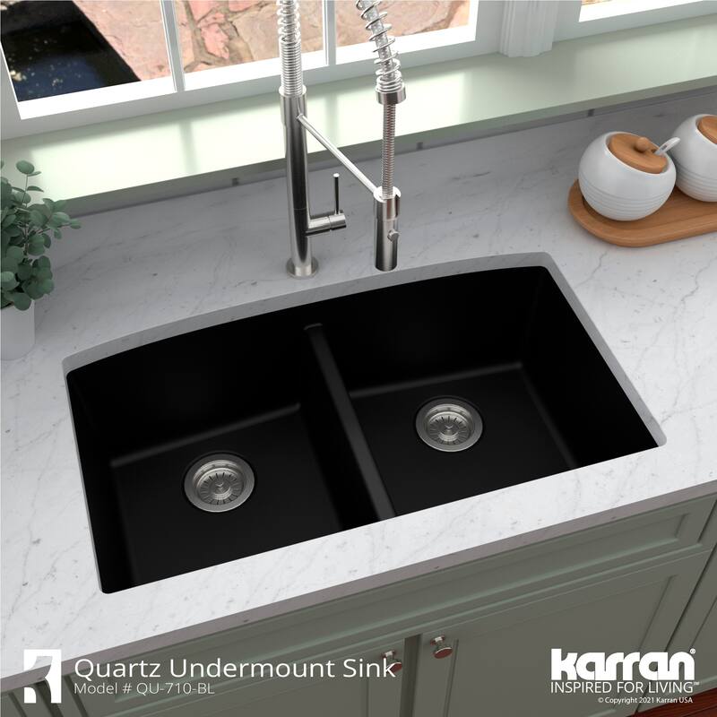 Karran Undermount Quartz 32 in. 50/50 Double Bowl Kitchen Sink Kit