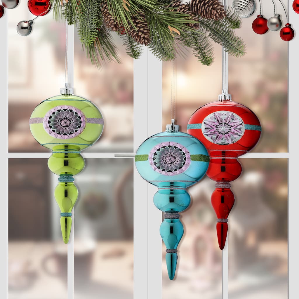 11" Shatterproof Plastic Reflector Finial Ornament Box of 3