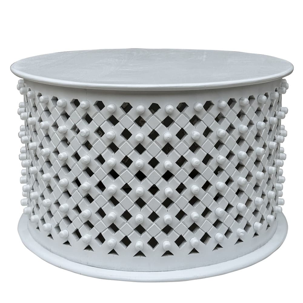 Lattice 30" Round Artisan Coffee Table - Elegant Finish Intricate Carving Solid Wood Accent Table