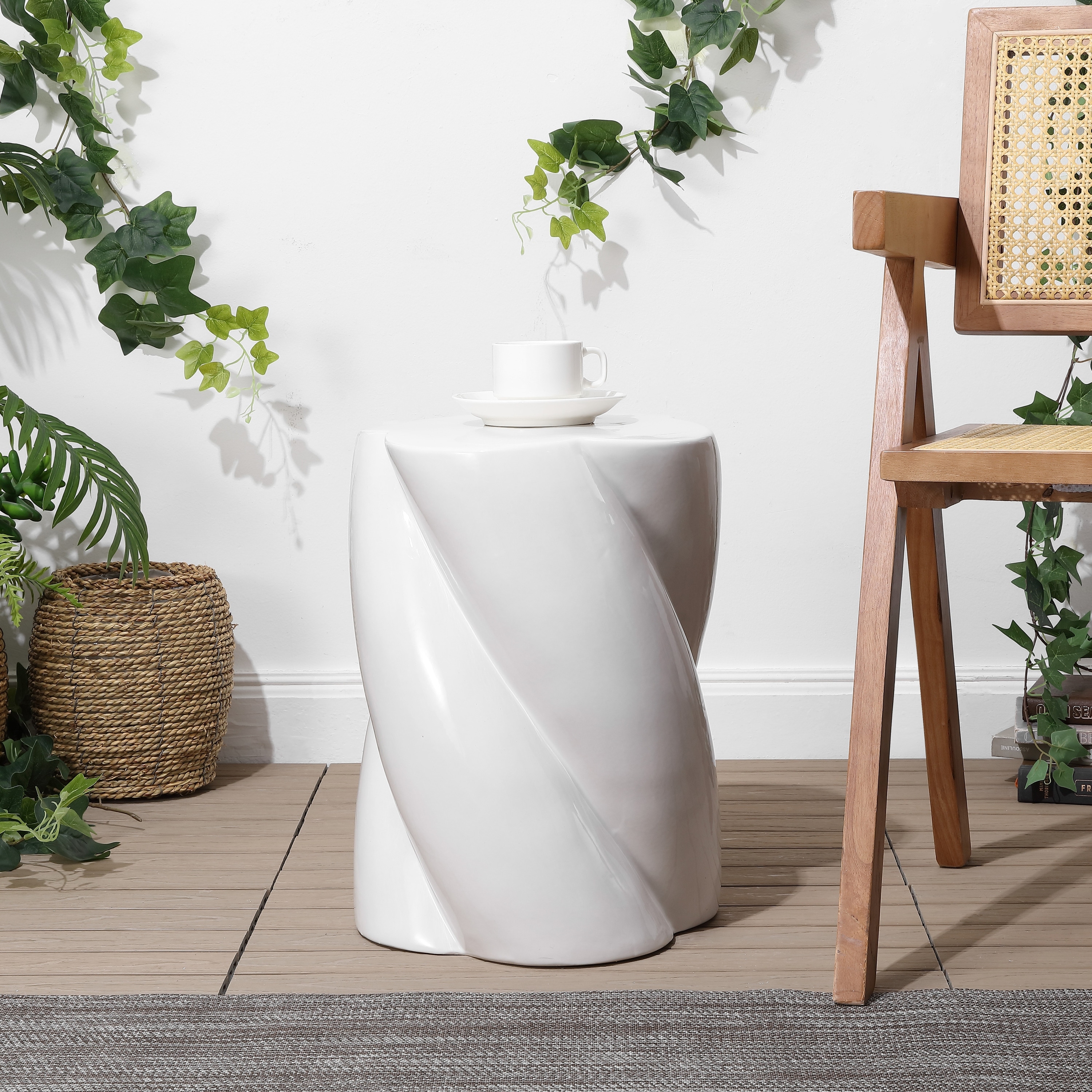 Yves Modern Glossy Ceramic Twisted Garden Stool - Indoor/Outdoor Accent Side Table, End Table, Patio Seat & Plant Stand