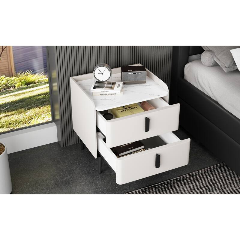 Modern 2-Drawer Nightstand with Marble-Pattern Top - Bedside/End Table for Bedroom/Living Room (White)