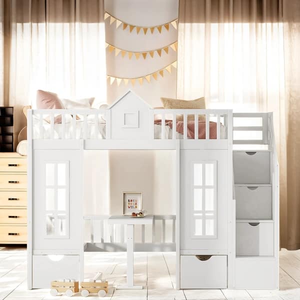 slide 2 of 10, Twin-Over-Twin Wooden Bunk Bed with Stairs and Guardrails White